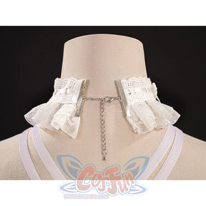Back view of FES Columbina cosplay costume necklace with white ruffles and silver chain detail