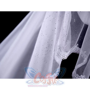 FES Columbina cosplay costume veil with silver glitter sparkles and white lace trim close-up detail