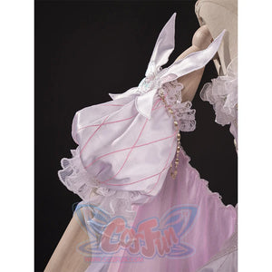 FES Columbina cosplay costume pink puffy sleeves with white ribbons, ruffles, and pearl details