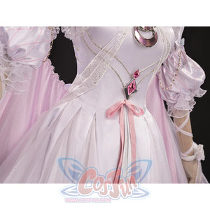 Waist detail of FES Columbina cosplay costume with pink ribbon bow and white pleated skirt