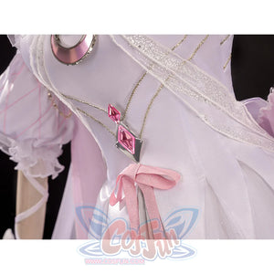 Close-up of FES Columbina cosplay costume waist showing pink gem pendants and ribbon bow detail