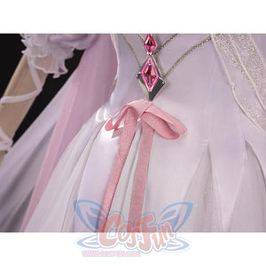 Left side view of FES Columbina cosplay costume waist with pink diamond gem necklace and bow