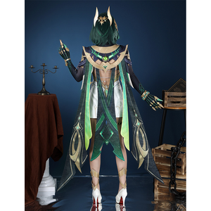 Genshin Impact Nefer Cosplay Costume, green and white outfit with rich pattern design, model back view