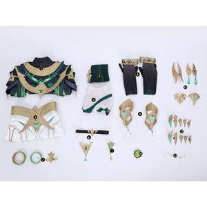 Genshin Impact Nefer Cosplay Costume all set, includes top, skirt, bracelet, vest, short, leg loops, shorts accessories, sleeves, leg covers, accessories, headwear, fingertips, shoulder straps
