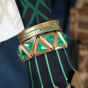 Genshin Impact Nefer Cosplay Costume close-up of sleeves, showing golden and green bracelet