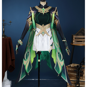 Genshin Impact Nefer Cosplay Costume, green and white outfit with rich pattern design, front view