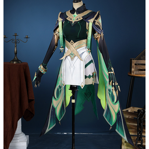 Genshin Impact Nefer Cosplay Costume, green and white outfit with rich pattern design, right side view