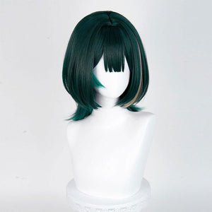 Genshin Impact Nefer Cosplay wig, short dark green wig with blonde highlights on the left side, front view