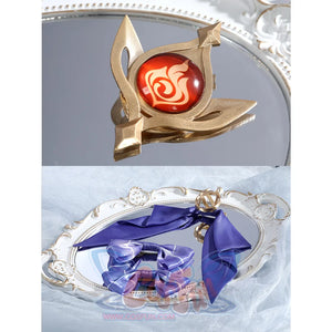 Nicole cosplay costume vision accessories featuring gold brooch with red gem and purple ribbon bows