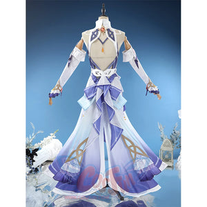 Nicole cosplay costume back view showcasing flowing purple gradient skirt and white bodice design