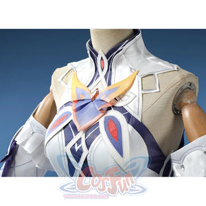 Nicole cosplay costume collar close-up featuring purple trim with red gem and white structured design