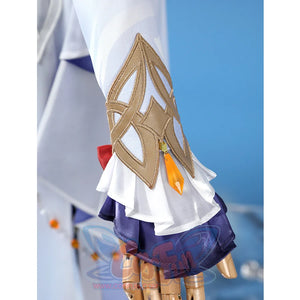 Nicole cosplay costume cuff detail featuring gold geometric patterns on white sleeve with ruffle trim
