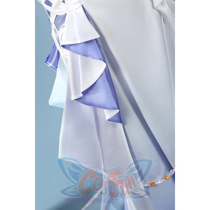 Nicole cosplay costume dress detail showing flowing white and purple layered skirt with decorative trim