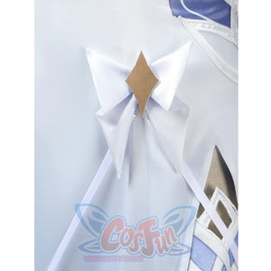 Nicole cosplay costume dress bow detail with gold diamond accent on white gathered fabric