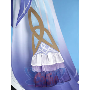 Nicole cosplay costume train end detail with gold geometric trim and layered purple ruffles