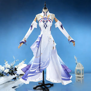 Genshin Impact Nicole cosplay costume full front view featuring elegant white and purple dress design