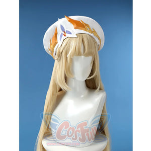 Nicole cosplay costume hat and wig featuring white cap with orange leaf decorations and blonde hair