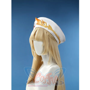 Nicole cosplay costume hat side view showing white cap with gold trim and long blonde wig