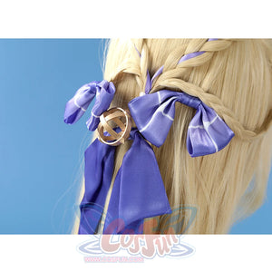Nicole cosplay costume hair accessory featuring purple bow with gold ring and blue gem detail