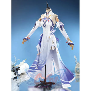 Nicole cosplay costume left side view displaying layered white and purple outfit with decorative trim