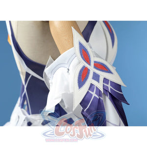 Nicole cosplay costume sleeve detail with white ruffles and purple geometric embellishments with red accents