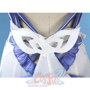 Nicole cosplay costume back bow train detail with white mask design and purple ribbon accents