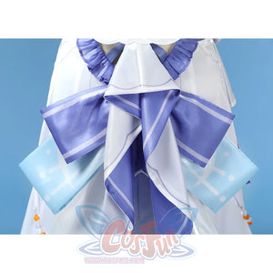 Nicole cosplay costume back train detail featuring layered purple and white ribbons with blue accents