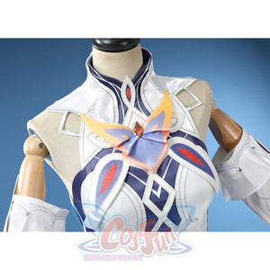 Nicole cosplay costume upper body detail showing white bodice with purple geometric patterns and collar