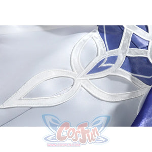 Nicole cosplay costume waist decoration close-up showing white curved pattern on blue fabric