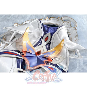 Nicole cosplay costume dress flat lay showing white bodice with navy ribbons and gold trim details