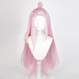 Genshin Impact Aino cosplay wig in pink with long straight hair and top bun, front view on mannequin head