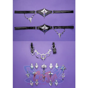Flins cosplay costume accessories display featuring black belts, silver chains and metal ornament studs
