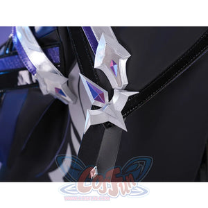 Flins cosplay costume cloak ornament detail featuring silver star decoration with purple gem on black strap