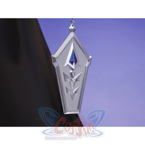 Flins cosplay costume waist chain pendant detail with silver shield shape, blue gem and arrow patterns