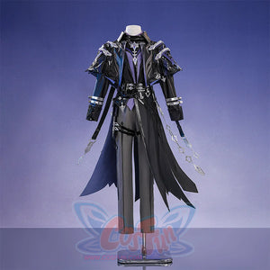 Genshin Impact Flins cosplay costume full front view with white hat, black blue coat and purple accents