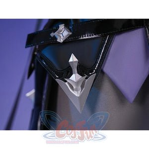 Flins cosplay costume innerwear detail featuring silver arrow ornament on black belt with purple fabric