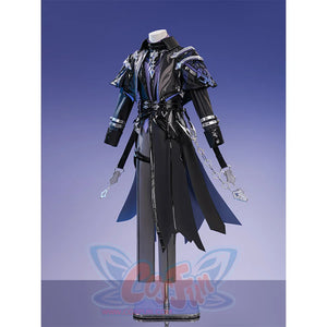 Flins cosplay costume left side view showing white hat, black blue coat with purple details and chains
