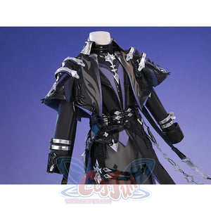 Flins cosplay costume upper body view showing white hat, black purple coat with silver armor shoulders