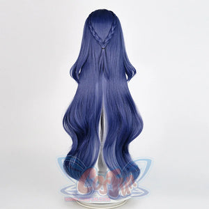 Lauma cosplay wig back view with braided details and long wavy blue gradient hair