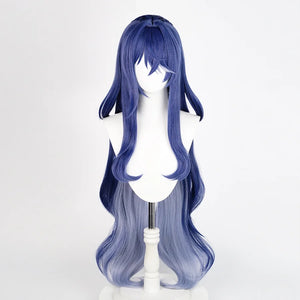 Lauma cosplay wig front view featuring long blue gradient hair with bangs and wavy texture