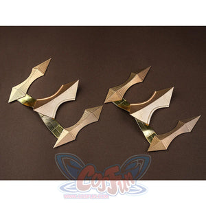 Close-up detail of Genshin Impact Varka cosplay boots gold decorative armor pieces and accessories