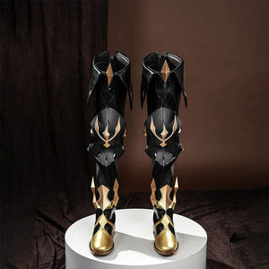 Front view of Genshin Impact Varka cosplay boots featuring black and gold armored design with knee pads