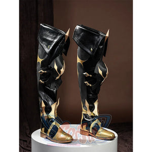 Side view of Genshin Impact Varka cosplay boots with gold accents and decorative armor plating details