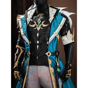 Genshin Impact Varka cosplay costume upper body showing black chest armor with gold star emblem details