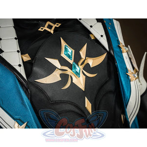 Genshin Impact Varka cosplay costume armor emblem detail with gold stars and turquoise gemstone accents