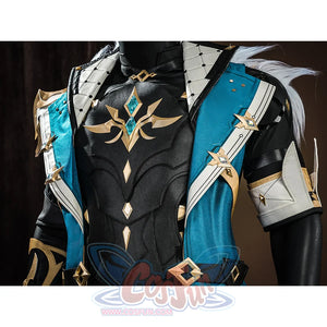 Genshin Impact Varka cosplay costume chest armor detail with intricate gold star emblem and turquoise trim