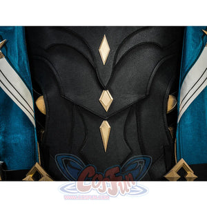 Genshin Impact Varka cosplay costume black chest plate with gold diamond accents and turquoise cape edges