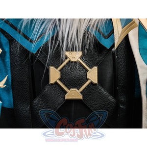 Genshin Impact Varka cosplay costume back detail with white fur trim, black leather, and gold diamond clasp