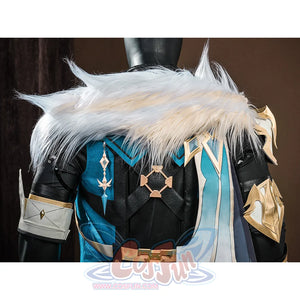 Genshin Impact Varka cosplay costume back flap with white fur collar, black leather, and turquoise accents