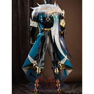 Genshin Impact Varka cosplay costume back view showing white fur collar and flowing turquoise cape details
